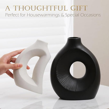 Ceramic Vase Set of 2 - Handcrafted Ceramic Vases for Home Decor & Shelf - Modern Farmhouse Decor for Kitchen, Office, Bedroom & Living Room Decorative Objects for Mantel, Table Centerpieces