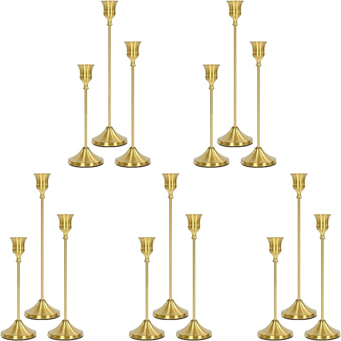 Candlestick Holders 15 PCS, Metal Taper Candle Holder, Brass Gold Candle Holders for Pillar Candles, Vintage Dining Table Centerpiece Decorations for Wedding Party Christmas Halloween Decor