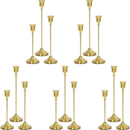 Candlestick Holders 15 PCS, Metal Taper Candle Holder, Brass Gold Candle Holders for Pillar Candles, Vintage Dining Table Centerpiece Decorations for Wedding Party Christmas Halloween Decor