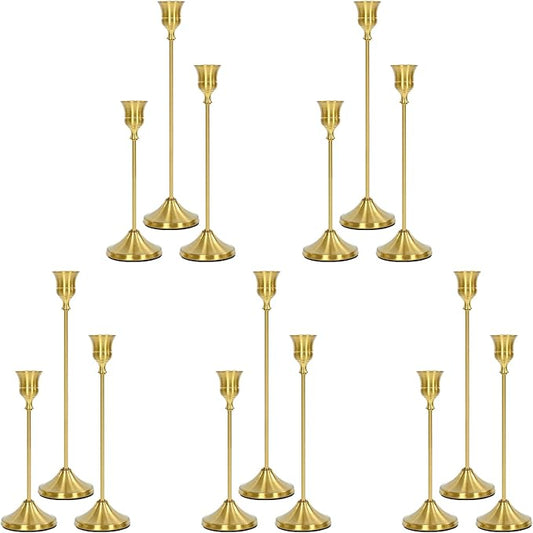 Candlestick Holders 15 PCS, Metal Taper Candle Holder, Brass Gold Candle Holders for Pillar Candles, Vintage Dining Table Centerpiece Decorations for Wedding Party Christmas Halloween Decor