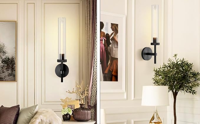 Black Wall Sconces Set of Two, Brass 19.48'' Knurled Texture Wall Light Fixtures, Bathroom Vanity Light Fixtures with Clear Glass, Modern Wall Lamp for Bathroom Living Room Hallway (Bulb Included)