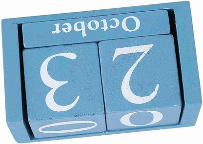 Perpetual Wooden Block Calendar, Desktop Vintage Style Mini Month Date Time Display, Home Office Decoration with 2pcs Dices, Blue, Black Wood with 12 Month Blocks (Blue)