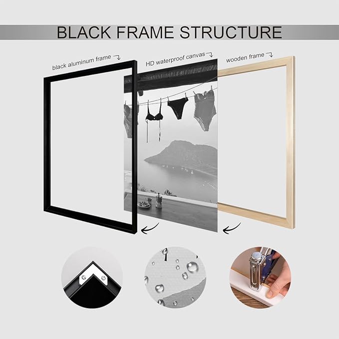 Black and White Photography Canvas Wall Art, Summer Coastal Hanging Bikini Aesthetic Poster, Vintage Trendy Beach Landscape Picture, Museum Photo Art Coastal Print for Bedroom 24x36in Framed