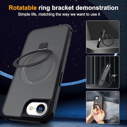 Compatible with iPhone 16E Case with Invisible Magnetic O-Ring Stand Military-Grade Translucent Case for iPhone 16E 6.1" 2025 [Compatible with Mag-Safe][Great Grip Feeling], Black