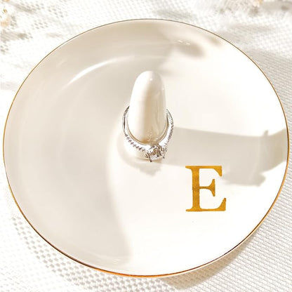 Ceramic Initials Jewelry Tray Ring Dish With Personalized E-Monogrammed Engagement Wedding Gifts, for Birthday Mother's Day for Women, Ceramic White 4.7" x2.4"