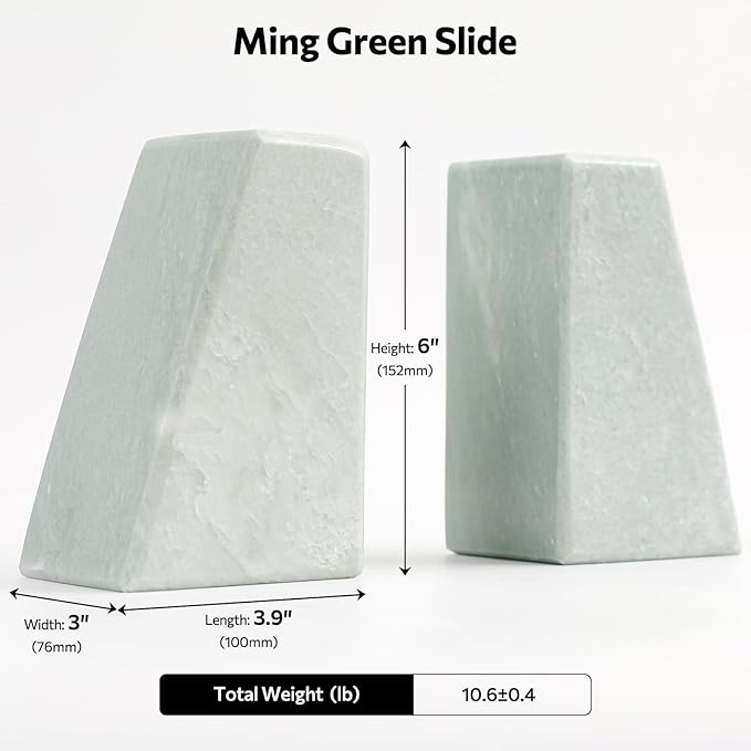 Luxury Marble Bookends for Shelves, 11LB Heavy Duty Marble Book Ends for Heavy Books, Stone Bookends Decorative, Polished, Light Green Triangular, Set of 2