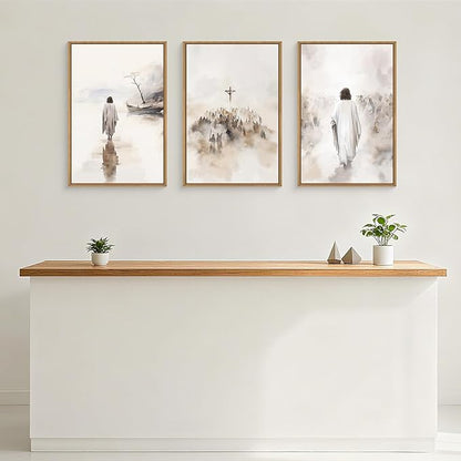 Jesus Walking on Water Canvas Wall Art,Boho Jesus Crucified Framed Wall Decor,Religious Christian Artwork,Holy Gathering Art Print for Living Room,Bedroom,Office- 24"x36"x3
