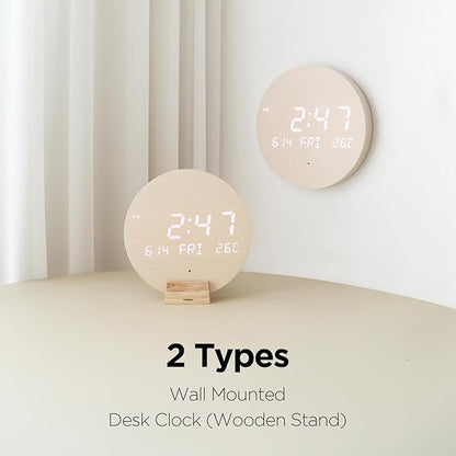 mooas Wood Moon Cordless Mini Digital LED Wall Clock, Date, Temperature, Auto Brightness, Digital Wireless Wall Clock Modern Minimalist Décor for Office Livingroom Bedroom, Wall Mount/Wooden Stand