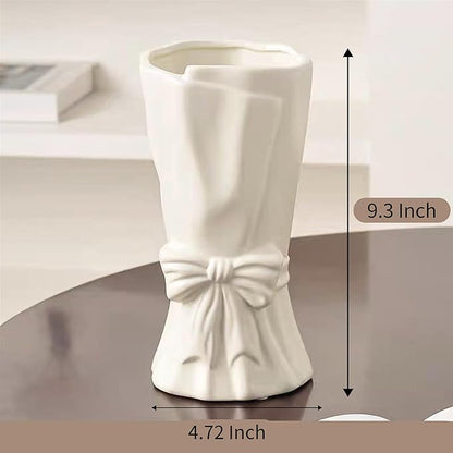 White Flower Vase for Home Decor, White Ceramic Vases for Boho Style, Bow Decor, 9.3 Inch Flower Vases for Bouquet, Large Vase for Ideal Shelf Decor/Table. (Large)