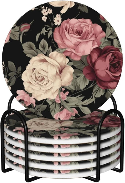 6 Pcs Ceramic Coasters with Holder Absorbent Drink Round Vintage Pink and Cream Dark Floral Design for Home Table Coffee Cup Wine Beer Bar,Size 4 inches