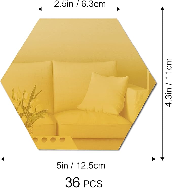 RW-103 36 Pcs Acrylic Hexagon Mirror Decals DIY Removable 3D Geometric Mirror Art Setting Wall Decor for Bedroom, Living Room, Office, Kitchen & Home (Gold)