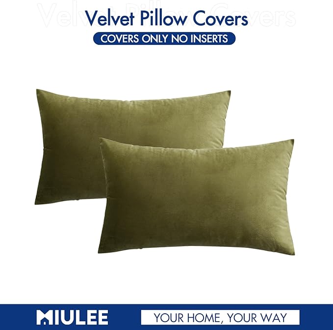MIULEE Velvet Throw Pillow Covers 12x20 Inch, Pack of 2 - Olive Green, Soft Solid Lumbar Decorative Pillow Covers Modern Luxury Home Decor for Chair Couch Sofa Bedroom Livingroom