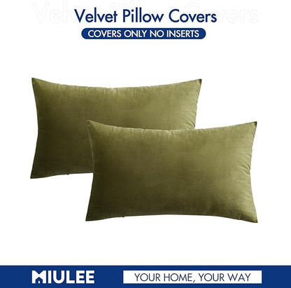 MIULEE Velvet Throw Pillow Covers 12x20 Inch, Pack of 2 - Olive Green, Soft Solid Lumbar Decorative Pillow Covers Modern Luxury Home Decor for Chair Couch Sofa Bedroom Livingroom