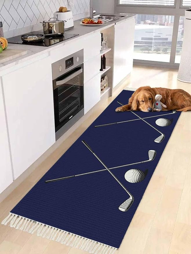 Navy Blue Hallway Runner Rug 2X6 Ft Kitchen Carpet, Washable Woven Sports Golf Ball Throw Carpet with Tassel, Non-Shedding Modern Minimalist Art Bedroom Laundry Rugs