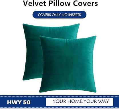 HWY 50 Teal Velvet Throw Pillow Covers 22x22 Inch, Pack of 2 Soft Cozy Solid Decorative Luxury Cushion Cases for Couch Sofa Bed Living Room Bedroom