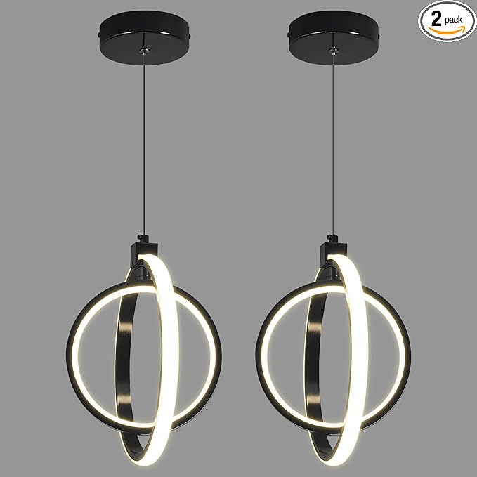 Modern LED Pendant Lights Plated Black Farmhouse Ring Pendant Light Fixtures 4000K Dimmable Round Pendant Lighting for Dining Room Kitchen Island Bedroom Living Room Foyer（2-Pack）