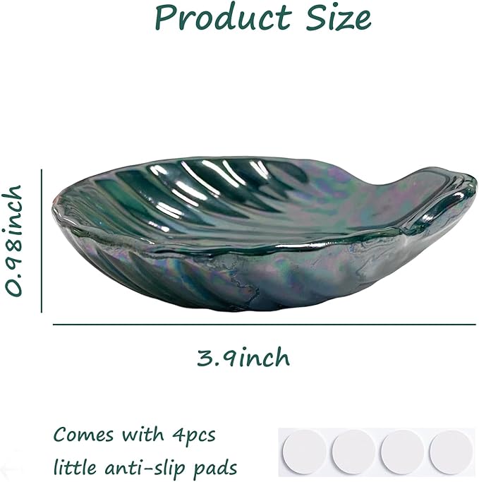 Seashell Trinket Tray, Ceramic Ring Holder Dish for Earrings Ring Necklace, Shell Shape Jewelry Dish Trinket Tray, Ocean Room Decor, 3.9", Deep Teal Iridescent Surface