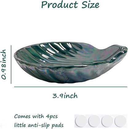 Seashell Trinket Tray, Ceramic Ring Holder Dish for Earrings Ring Necklace, Shell Shape Jewelry Dish Trinket Tray, Ocean Room Decor, 3.9", Deep Teal Iridescent Surface