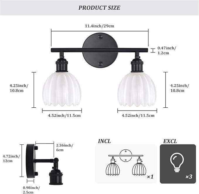 Bathroom Light Fixtures, 2-Light Black Vanity Wall Light Over Mirror with White Tulip Glass Shade for Bedroom Living Room (Bulb Not Included)