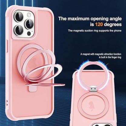 Compatible with iPhone 15 Pro Max Case with Invisible Magnetic O-Ring Stand Military-Grade Translucent Case for iPhone 15 ProMax 6.7" [Compatible with Mag-Safe][Great Grip Feeling], Pink