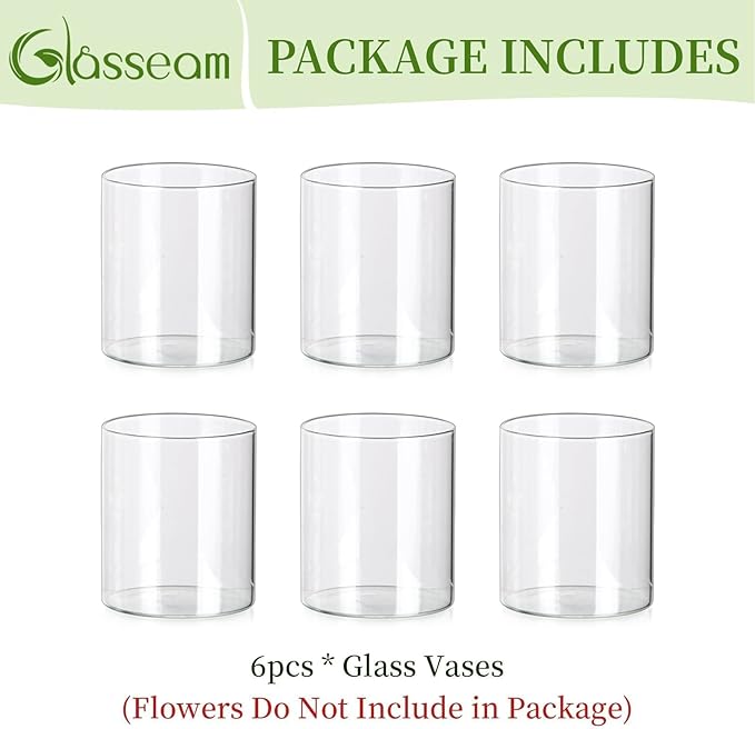Glasseam Cylinder Vases for Centerpieces, Set of 6 Clear Glass Vases for Flowers, Modern Small Floating Candle Vase Decor, Decorative Hurricane Candle Holders for Home Wedding Table Decorations, 4in