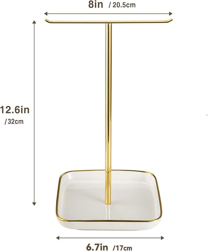pickpiff Necklace Holder Stand with Ceramic Base: 12" Jewelry Tree Display Organizer for Necklaces, Bracelets, Rings, Earrings, Tall Gold Stand for Women, Aesthetic Room Décor, Gold and White