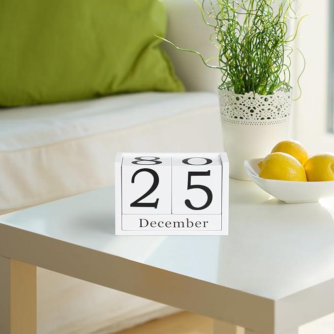 Wooden Block Calendar for Desk, Large Size Daily Desktop Perpetual Desk Calendar, Cute Date Display Desk Accessories for Home Office Decor, Teacher, Classroom, Reusable Yearly, White