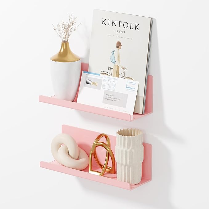 PAVSTINE Adhesive Floating Shelves for Wall No Drilling, 12 Inch Acrylic Self Adhesive Shelves, Stick on Shelves, Dorm Wall Shelf, for Bathroom, Kitchen, Bedroom, Office, Gaming Room, Pink