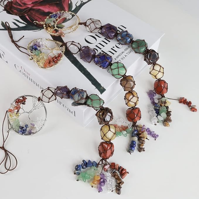 Anjiucc 7 Chakra Stone Healing Crystal Tree of Life Wall Hanging Home Interior Decoration，Window Decoration，Yoga Meditation