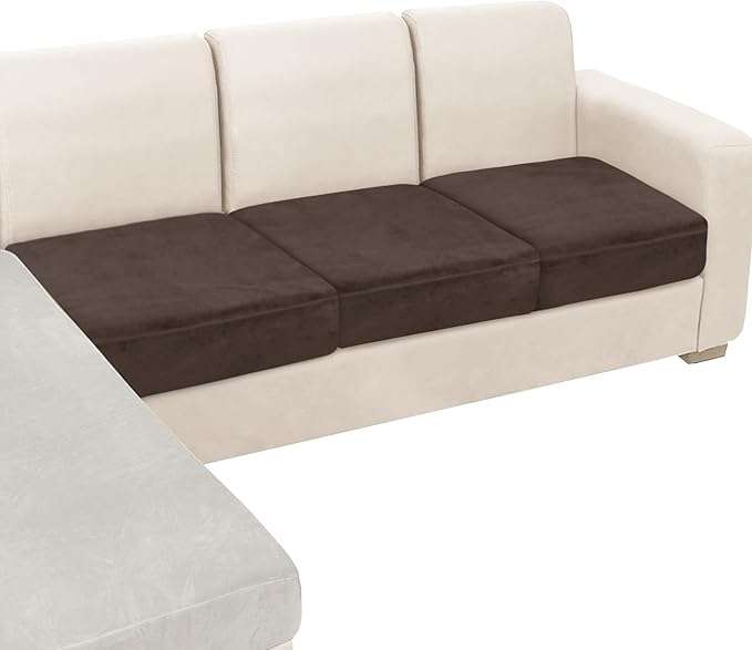 NAISI Couch Cushion Covers 3 Pieces Velvet Stretch Sofa Seat Covers or Backrest Covers Soft Individual Couch Covers for Sectional Sofa(3 Pcs for 3-Seat Cushion,Brown)