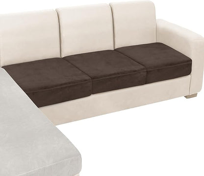 NAISI Couch Cushion Covers 3 Pieces Velvet Stretch Sofa Seat Covers or Backrest Covers Soft Individual Couch Covers for Sectional Sofa(3 Pcs for 3-Seat Cushion,Brown)
