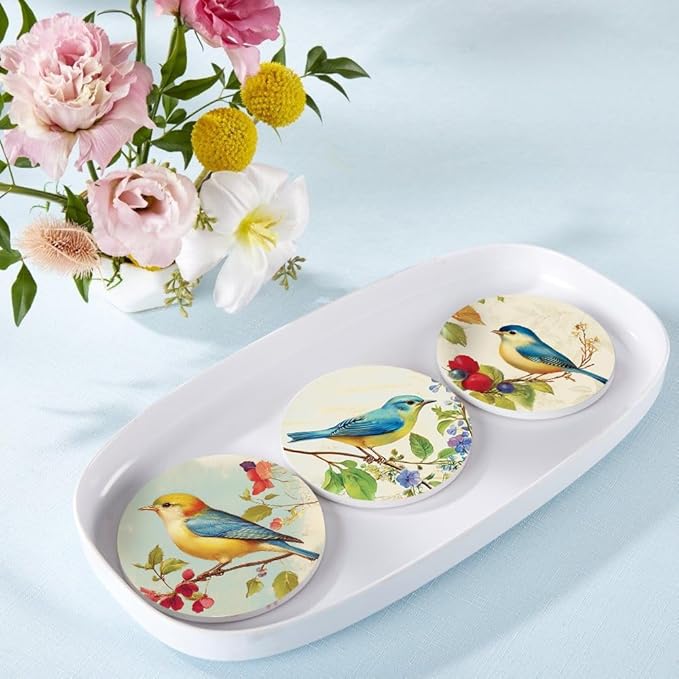 6Pcs Drink Coasters with Holder, Vintage Spring Birds Floral Absorbent Ceramic Drink Coaster with Cork Base, Home Bar Table & Office Decor House Warming Gift