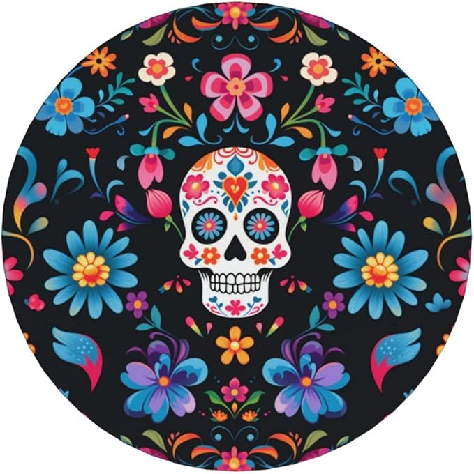 6 Pcs Ceramic Coasters with Holder Absorbent Drink Round Mexican Sugar Skulls Flowers Design for Home Table Coffee Cup Wine Beer Bar,Size 4.4 inches