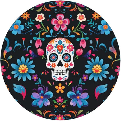 6 Pcs Ceramic Coasters with Holder Absorbent Drink Round Mexican Sugar Skulls Flowers Design for Home Table Coffee Cup Wine Beer Bar,Size 4.4 inches