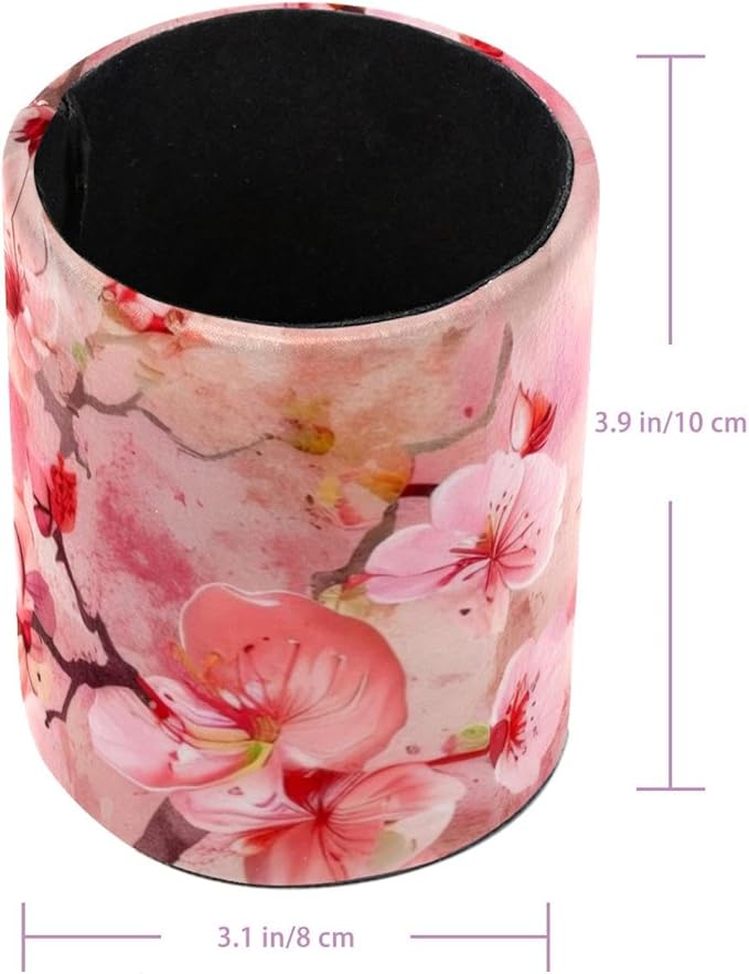 Pen Holder for Desk, Pink Cherry Blossoms Japanese Pattern Round Leather Stand Pencil Cup Office Desk Organizer for Women Men Teachers, 3.9 x 3.9 x 3.1 inches
