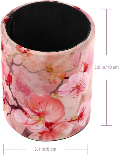 Pen Holder for Desk, Pink Cherry Blossoms Japanese Pattern Round Leather Stand Pencil Cup Office Desk Organizer for Women Men Teachers, 3.9 x 3.9 x 3.1 inches