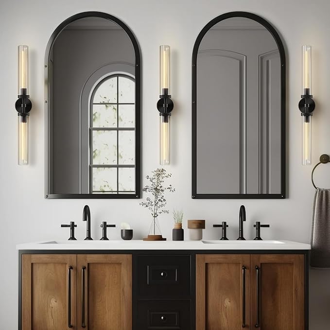 Brass Wall Sconces Set of 2, Bathroom Sconces Wall Light, Black Sconces Lighting with Clear Lamp,Wall Mount Lamps Wall Lights for Vanity Light Bedroom Living Room Hallway