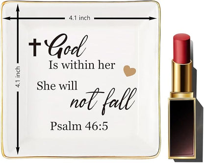 Religious Gifts for Women Christian-Ceramic Ring Dish -God is Within Her She Will Not Fall, Christian Gifts for Mom Sister Aunt