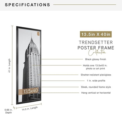 MCS Trendsetter 13.5x40 Poster Frame Black High-Gloss, Vertical & Horizontal Wall Hanging Large Picture Frame for Photos, Posters & Art Prints (1-Pack)