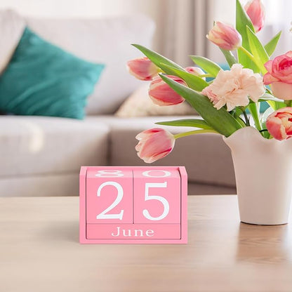 Wooden Block Calendar for Desk, Large Size Daily Desktop Perpetual Desk Calendar, Cute Date Display Desk Accessories for Home Office Decor, Teacher, Classroom, Reusable Yearly, Pink