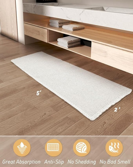 AMOAMI Waffle Runner Rug Super Absorbent Non Slip Bath Mats for Bathroom Floor, Machine Washable Boho Bathroom Runner Rug with Tassels, Ideal for Hallway Bedroom Laundry Room, 2' x 5'
