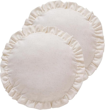 ISAENNE 2 Pcs Classic Ivory White Round Throw Pillow Cover Diameter 16", Solid Color Farmhouse Linen Cotton Decor Pillow Cover with Ruffles, Sturdy Throw Pillowcase for Couch Sofa Bed Living Room