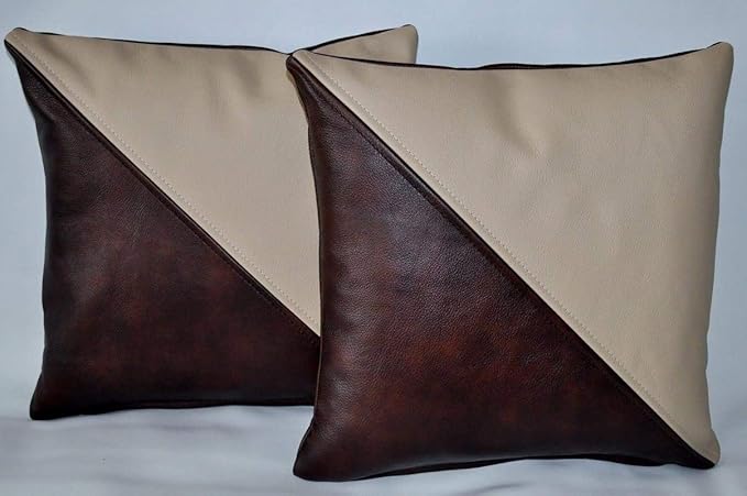 D DOLLY LAMB Lambskin Leather Pillow Cover - Sofa Cushion Case - Decorative Throw Covers for Living Room & Bedroom, 20x20 Inches - Tan Grey Pack of 2