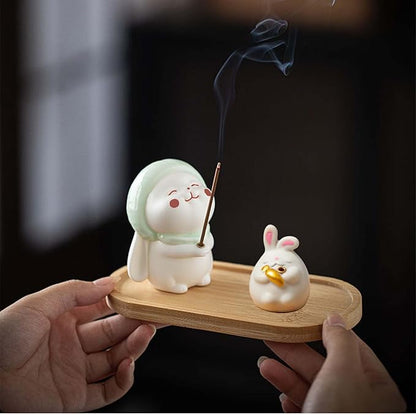 3 Pcs-Incense Holder Cute Resin Rabbit Incense Stick Holder Set with Bamboo Ash Catcher Tray - Animal Incense Burner for Meditation, Yoga & Home Decor (Fits Standard Incense Sticks)