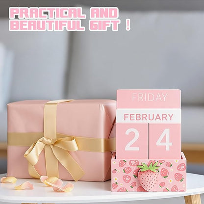 Pink Strawberry Wood Block Perpetual Calendar Coquettish Desk Decor Cute Month Week Date Display Decorative Block Calendar for Women Office Home Desk Gift for Women