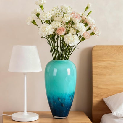 Teal Glass Vase – 11" Hand Blown Glass Vase for Teal Home Decor Accents, Wide Mouth Turquoise Vases Home Decor for Centerpieces, Dining Table, Bookshelf, Bathroom or Living Room Display