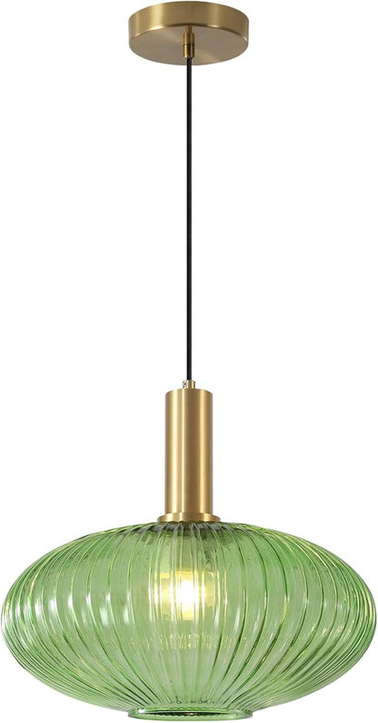KCO Lighting Modern Gold Pendant Lights Kitchen Island Lighting Large Green Glass Globe Pendant Light Brass Dining Room Hanging Light Fixture Vintage Ribbed Ceiling Light