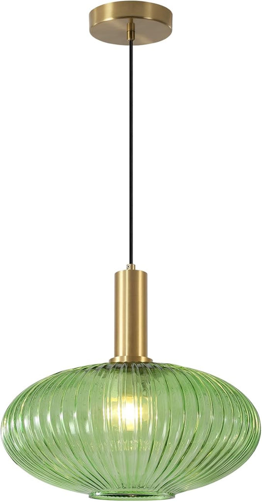 KCO Lighting Modern Gold Pendant Lights Kitchen Island Lighting Large Green Glass Globe Pendant Light Brass Dining Room Hanging Light Fixture Vintage Ribbed Ceiling Light