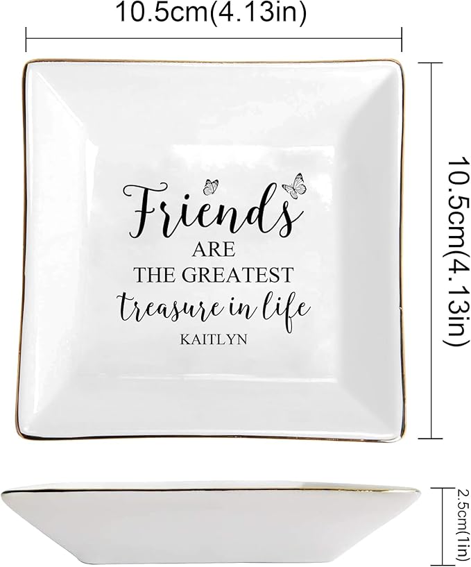 Friends are the Greatest Treasure in Life Custom Ceramic Jewelry Tray with Name, Personalized Ring Dish Holder for Her, Elegant Trinket Tray Friendship Birthday Christmas Gifts for Sister Friends