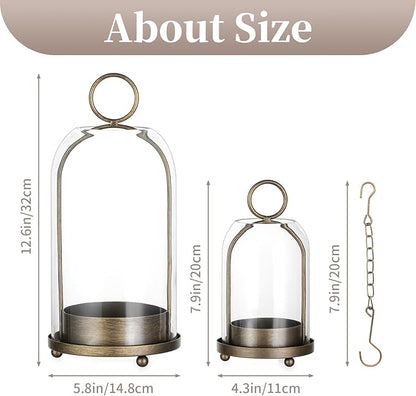 Sziqiqi Hurricane Candle Holder Lanterns: Pillar Candle Holders Set of 2 for Outdoor - Antique Brass Metal Candleholder with Glass Dome for Living Room Table Centerpiece